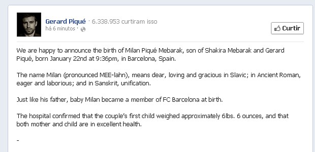 Gerard Piqué posta no Facebook sobre nascimento do filho (Foto: Facebook / Reprodução)