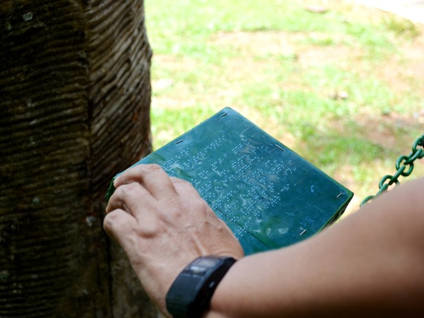 Placas com informações em Braille foram distribuídas pela trilha (Foto: Aline Nascimento/G1) Placas com informações em Braille foram distribuídas pela trilha (Foto: Aline Nascimento/G1)