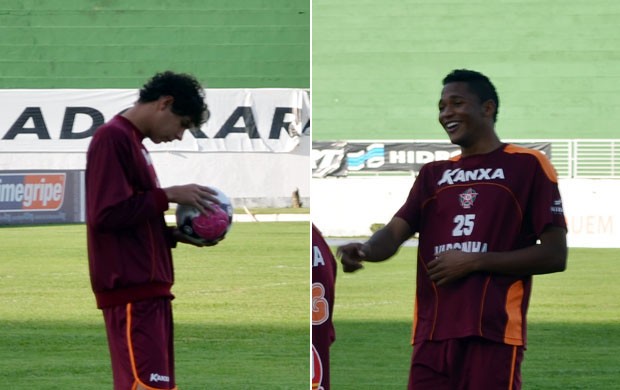 Neylor e Gabriel estudam maneiras de deter o artilheiro Neto Baiano (Foto: Tiago Campos / Globoesporte.com) Neylor e Gabriel estudam maneiras de deter o artilheiro Neto Baiano (Foto: Tiago Campos / Globoesporte.com)