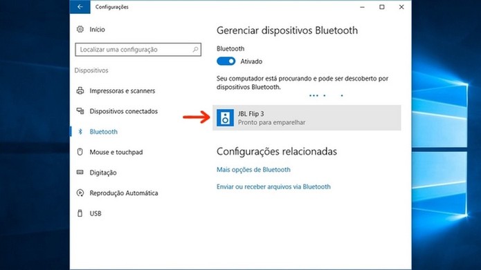 Caixa de som Bluetooth localizada pelo Windows 10 (Foto: Reprodução/Raquel Freire) Caixa de som Bluetooth localizada pelo Windows 10 (Foto: Reprodução/Raquel Freire)