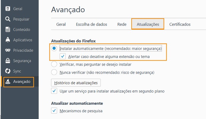 Marque a opção de atualização automática do Firefox (Foto: Reprodução/Barbara Mannara) Marque a opção de atualização automática do Firefox (Foto: Reprodução/Barbara Mannara)