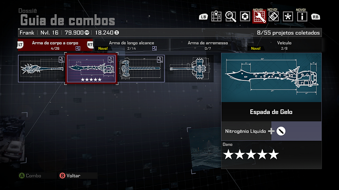 Dead Rising 4: existem quatro categorias de projetos no guia de combos (Foto: Reprodução/Victor Teixeira)