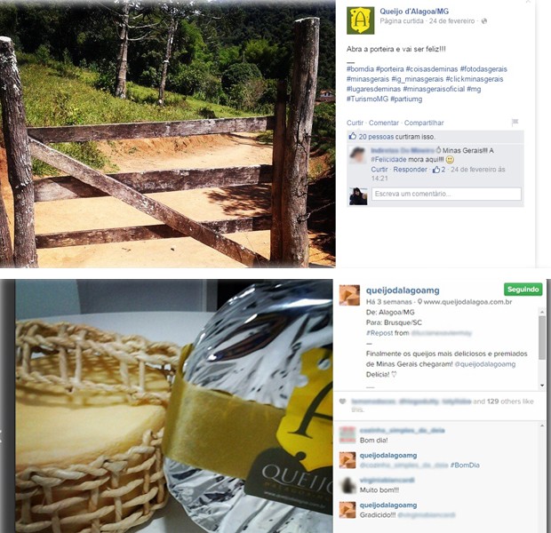 Osvaldinho posta paisagens de Alagoa para divulgar o queijo (acima) e clientes postam fotos do queijo quando os recebem em casa pelos Correios (abaixo) (Foto: Reprodução Facebook e Instagram / Queijo D'Alagoa)