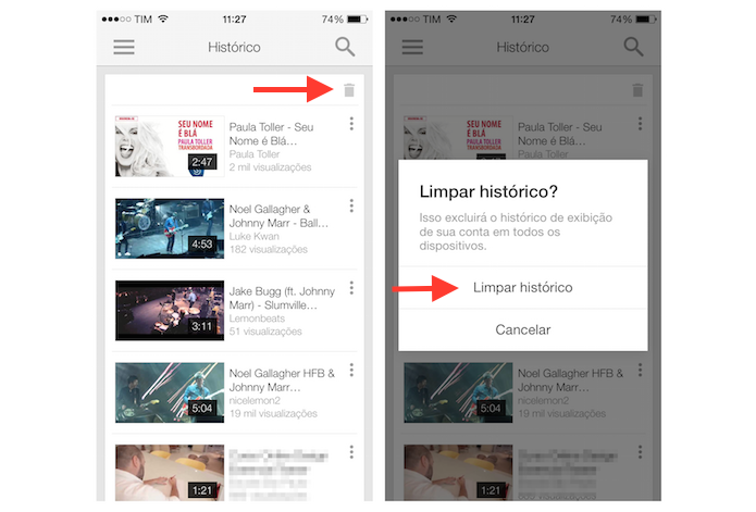Apagando o histórico de vídeos assistidos no YouTube pelo iPhone (Foto: Reprodução/Marvin Costa)
