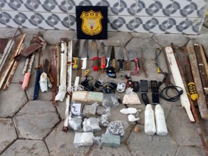 Ao todo, foram encontradas 24 facas e 25 facões industriais e artesanais (Foto: Seres/Divulgação )