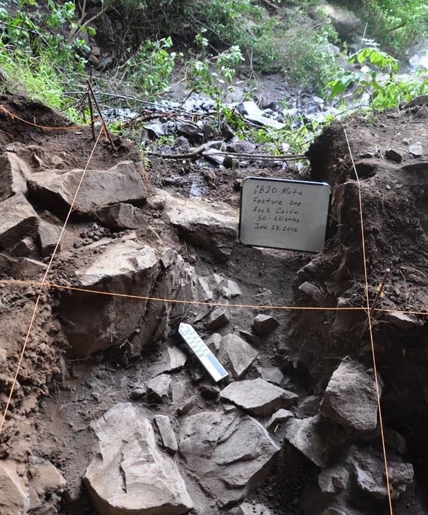 Escavação da rocha sob a qual foi encontrada o crânio do qual se retirou o material para sequenciamento do genoma  (Foto: Kathryn e John Arthur/Divulgação )