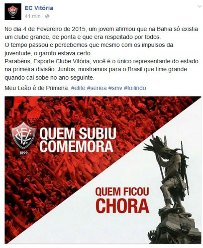 Vitória provocação acesso (Foto: Reprodução / Facebook) Vitória provocação acesso (Foto: Reprodução / Facebook)