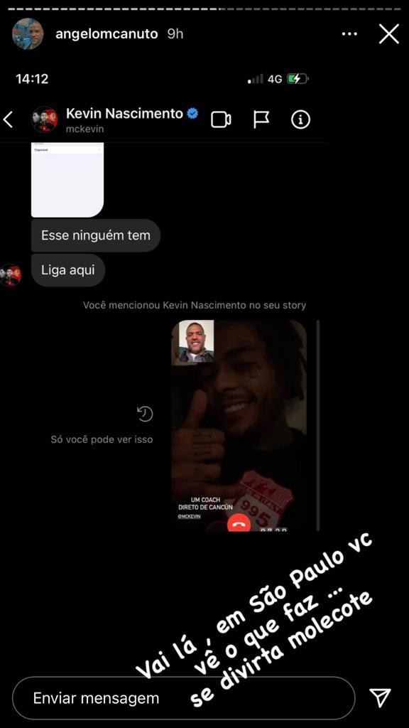 Angelo Canuto compartilha mensagens trocadas com Kevin (Foto: Reprodução/Instagram) Angelo Canuto compartilha mensagens trocadas com Kevin (Foto: Reprodução/Instagram)