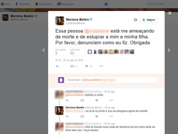 Mariana Belém postou na sua conta do Twitter informação sobre internauta que fez ameaças de morte e estupro contra ela e a filha (Foto: Reprodução / Twitter)
