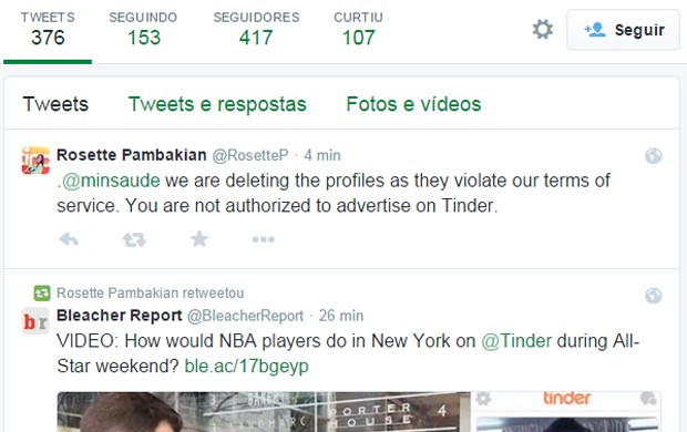 Rosette Pambakian, vice-presidente de comunicações corporativas do Tinder, postou mensagem no Twitter dizendo que o Ministério da Sáude não está autorizado a anunciar no aplicativo (Foto: Reprodução/RosetteP)