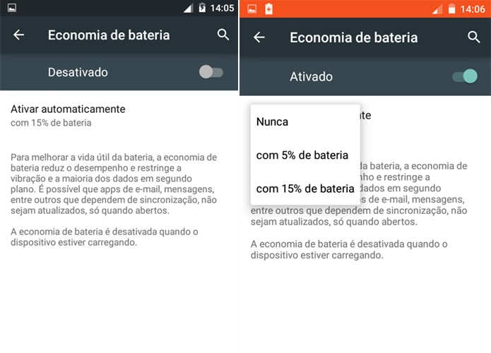 O Moto E 2015 permite configurar o modo economia de bateria (Foto: Reprodução/Carol Danelli)