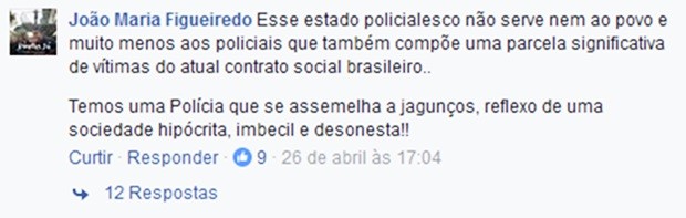 Comentário feito pelo soldado João Maria Figueiredo foi considerado uma ofensa à Polícia Militar  (Foto: Reprodução/Facebook)