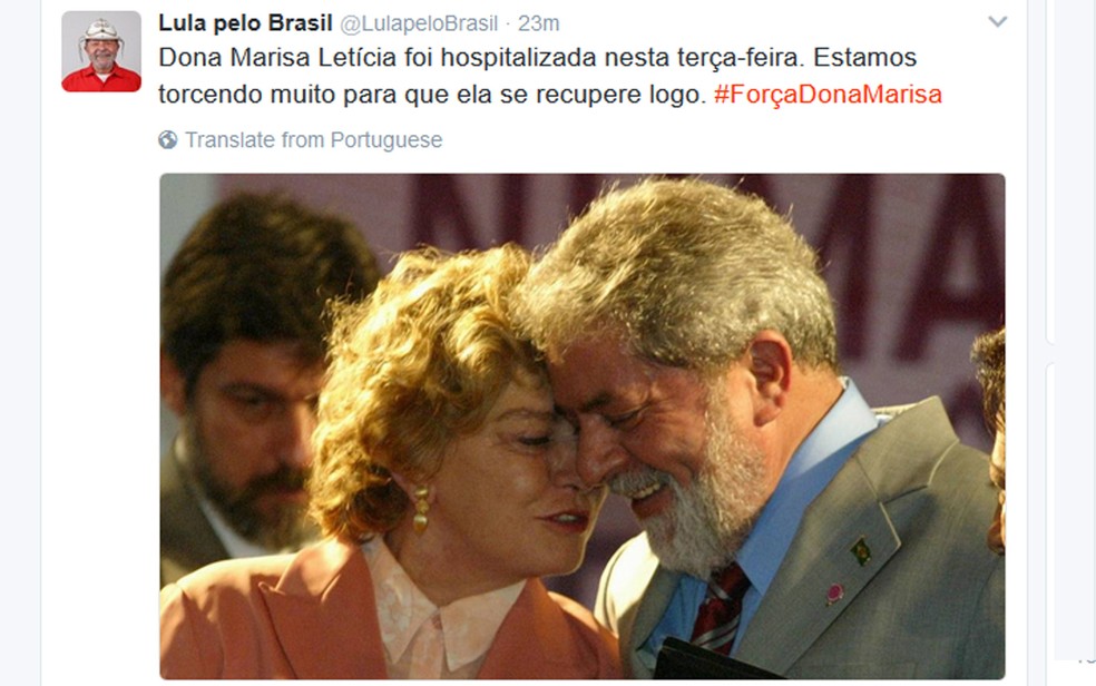 Lula tuitou sobre a internação de Marisa Letícia (Foto: Reprodução/Twitter/Lula)