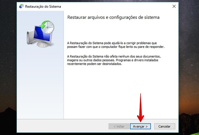 Tela inicial do assistente de restauração do Windows (Foto: Reprodução/Helito Bijora) Tela inicial do assistente de restauração do Windows (Foto: Reprodução/Helito Bijora)