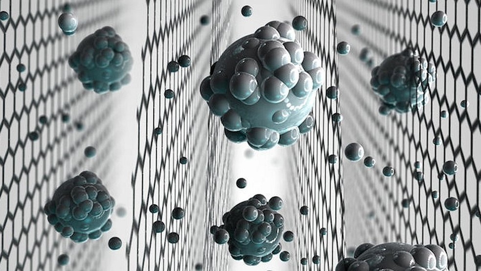 Ilustração feita por pesquisadores do Reino Unido mostra como membrana de óxido de grafeno por separar o sal da água (Foto: Universidade de Manchester  )