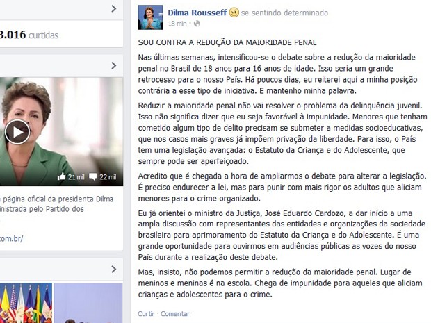 Presidente postou no facebook texto contra a redução da maioridade penal (Foto: Reprodução/Facebook)