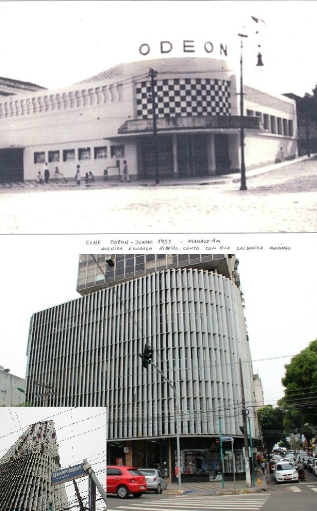 Lugar onde funcionava Cine Odeon, na Avenida Eduardo Ribeiro, agora é centro comercial (Foto: Arquivo Pessoal/Ed Lincoln e Camila Henriques/G1 AM)