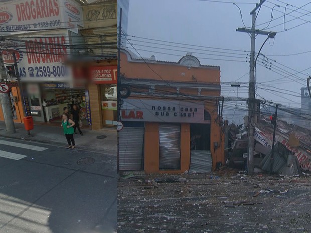 Imagem mostra local antes e depois da explosão em São Cristóvão (Foto: Google Street View e Reprodução/TV Globo)