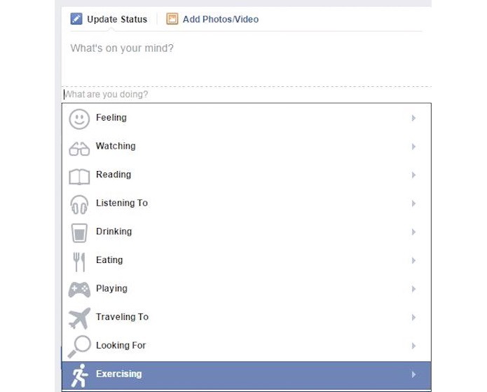 Facebook adiciona opção esportiva para atualizações de status: exercising (Foto: Reprodução/AllFacebook)