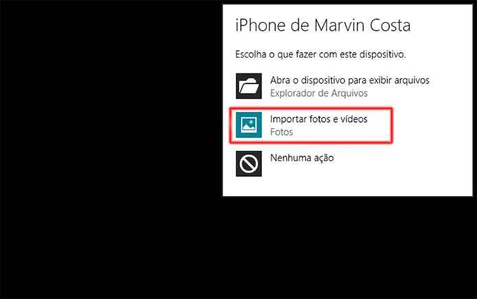 Iniciando a importação de fotos e vídeos do iPhone (Foto: Reprodução/Marvin Costa)