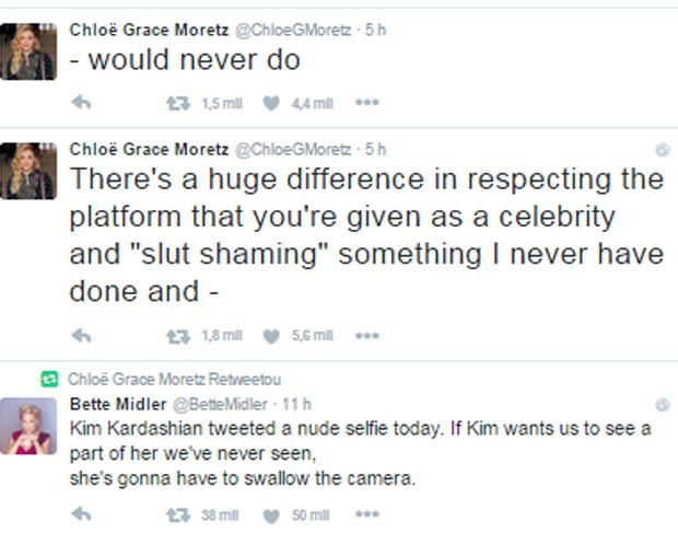 Chloë Moretz também criticou selfie nua de Kim Kardashian (Foto: Reprodução/Twitter) Chloë Moretz também criticou selfie nua de Kim Kardashian (Foto: Reprodução/Twitter)