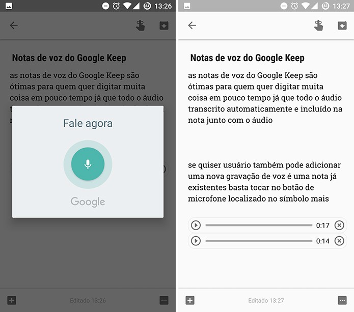 Google Keep adiciona nota de áudio e transcrição na página (Foto: Reprodução/Elson de Souza)