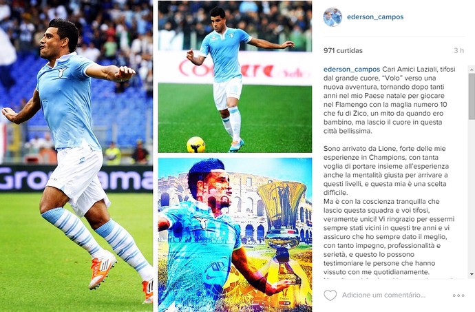 Ederson postagem Lazio (Foto: Reprodução/Instagram)