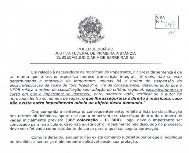 Trecho da decisão judicial que determina suspensão do uso do bônus por CEP (Foto: Reprodução)
