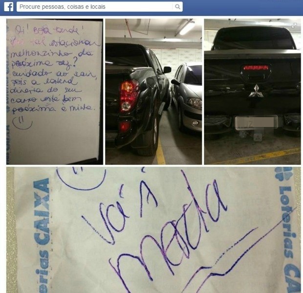 Mulher recebe "vá à merda" como resposta sobre estacionamento irregular (Foto: Facebook/Reprodução)