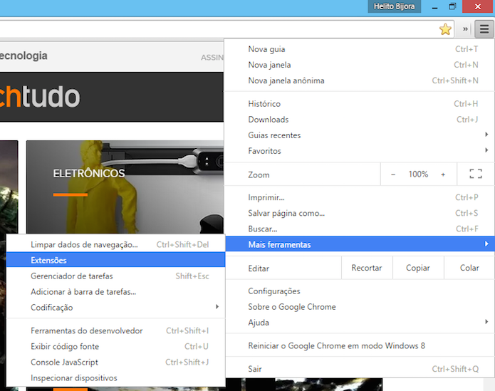 Acessando as extensões instaladas no Chrome (Foto: Reprodução/Helito Bijora)