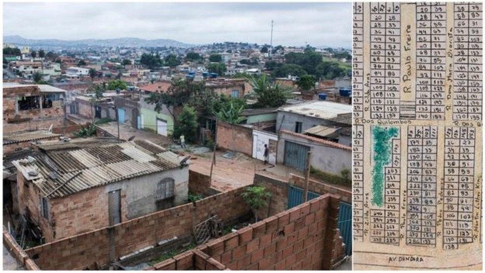Vista geral da ocupação Dandara, em Belo Horizonte, e detalhe do planejamento de ocupação do solo da área, feito por equipes da UFMG e PUC-MG com lotes de tamanhos iguais, áreas coletivas e de preservação (Foto: Bruno Figueiredo/BBC)