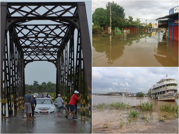 Rio Araras (à esquerda) transbordou e invadiu ponte. Em Porto Velho, ruas estão tomadas pela água do Madeira (Foto: G1) Rio Araras (à esquerda) transbordou e invadiu ponte. Em Porto Velho, ruas estão tomadas pela água do Madeira (Foto: G1)