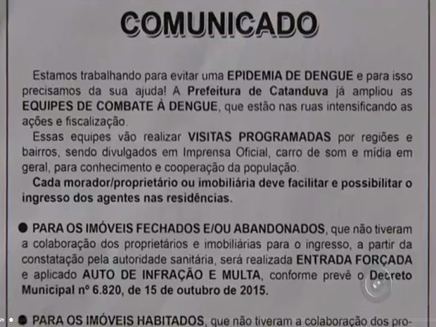 Decreto prevê punição para quem não combater dengue em Catanduva (Foto: Reprodução/TV TEM)