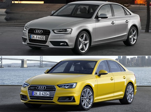 ANTES E DEPOIS: Audi A4 atual (acima) e a nova geração (abaixo) (Foto: Divulgação)