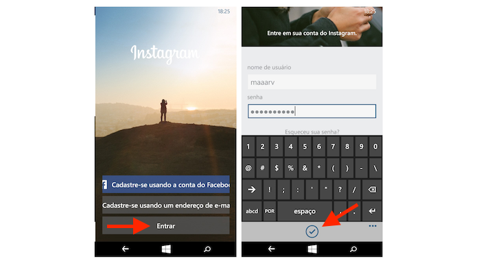 Realizando login no Instagram Beta para Windows Phone (Foto: Reprodução/Marvin Costa)