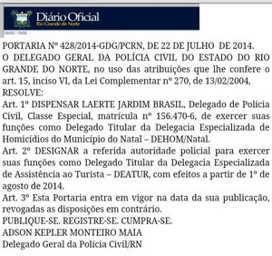 Portaria que determina transferência do delegado Laerte Brasil foi publicada no Diário Oficial do Estado (Foto: Reprodução/DOE)