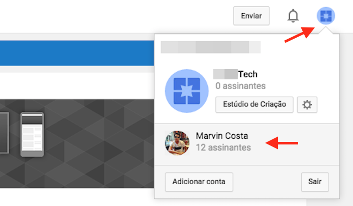 Alternando entre os canais criados em uma conta do YouTube (Foto: Reprodução/Marvin Costa)