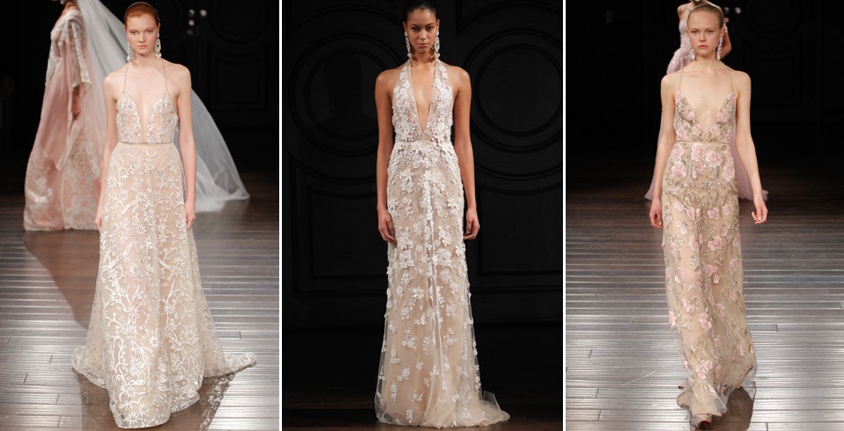 Modelos semelhantes apareceram no desfile da Naeem Khan, que recheou a passarela com longos nude adornados com aplicações de flores. Sensual e charmoso!