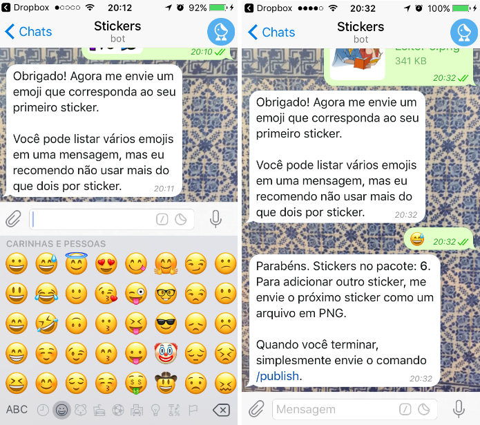 Responda ao bot do Telegram com um emoji para configurar o comando de ativação do sticker (Foto: Reprodução/Daniel Ribeiro) Responda ao bot do Telegram com um emoji para configurar o comando de ativação do sticker (Foto: Reprodução/Daniel Ribeiro)