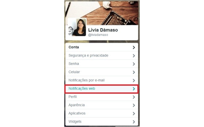 Clique em "Notificações da Web" na página de configurações do Twitter (Foto: Reprodução/Lívia Dâmaso) Clique em "Notificações da Web" na página de configurações do Twitter (Foto: Reprodução/Lívia Dâmaso)