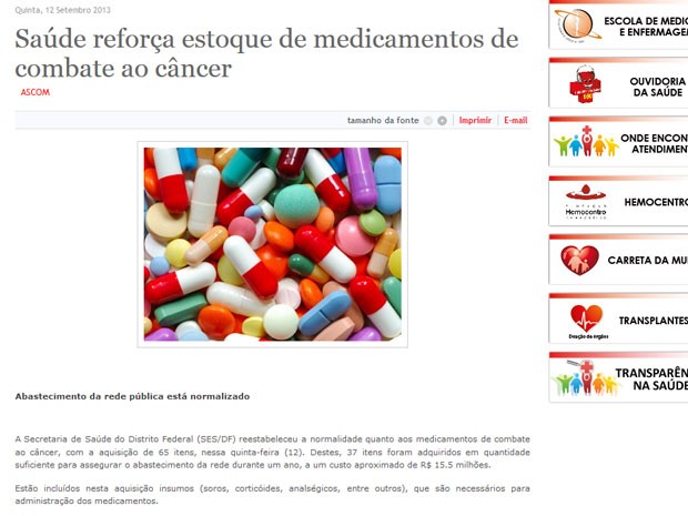 Notícia de setembro veiculada no site da Secretaria de Saúde a respeito da compra emergencial para medicamentos usados no combate ao câncer (Foto: Reprodução)