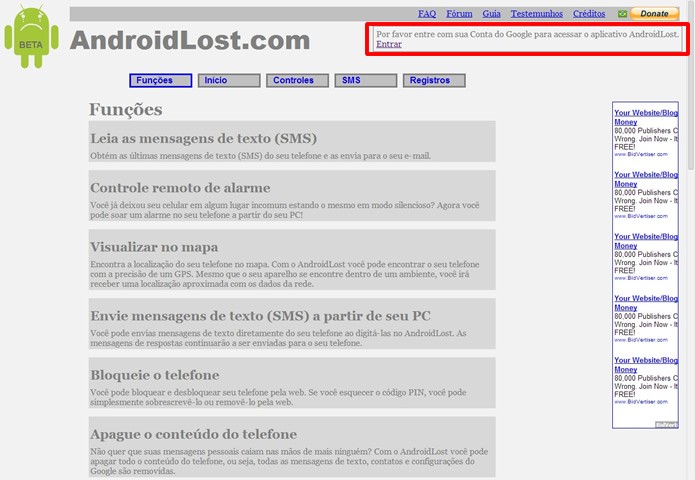 Faça o login de sua conta Google para utilizar os comandos remotos pelo browser (Foto: Reprodução/Daniel Ribeiro)