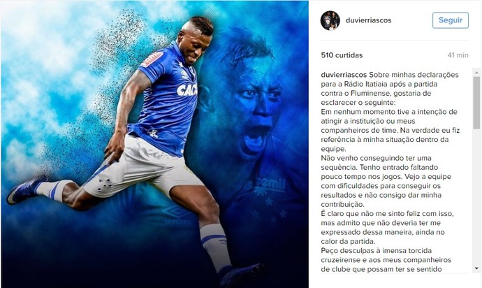 Riascos se pronunciou após as declarações (Foto: Reprodução / Instagram) Riascos se pronunciou após as declarações (Foto: Reprodução / Instagram)