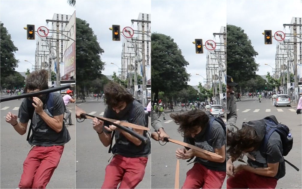 Sequência de fotos mostra que cassetete de PM quebrou durante agressão a estudante, em Goiás (Foto: Arquivo pessoal/Luiz da Luz)