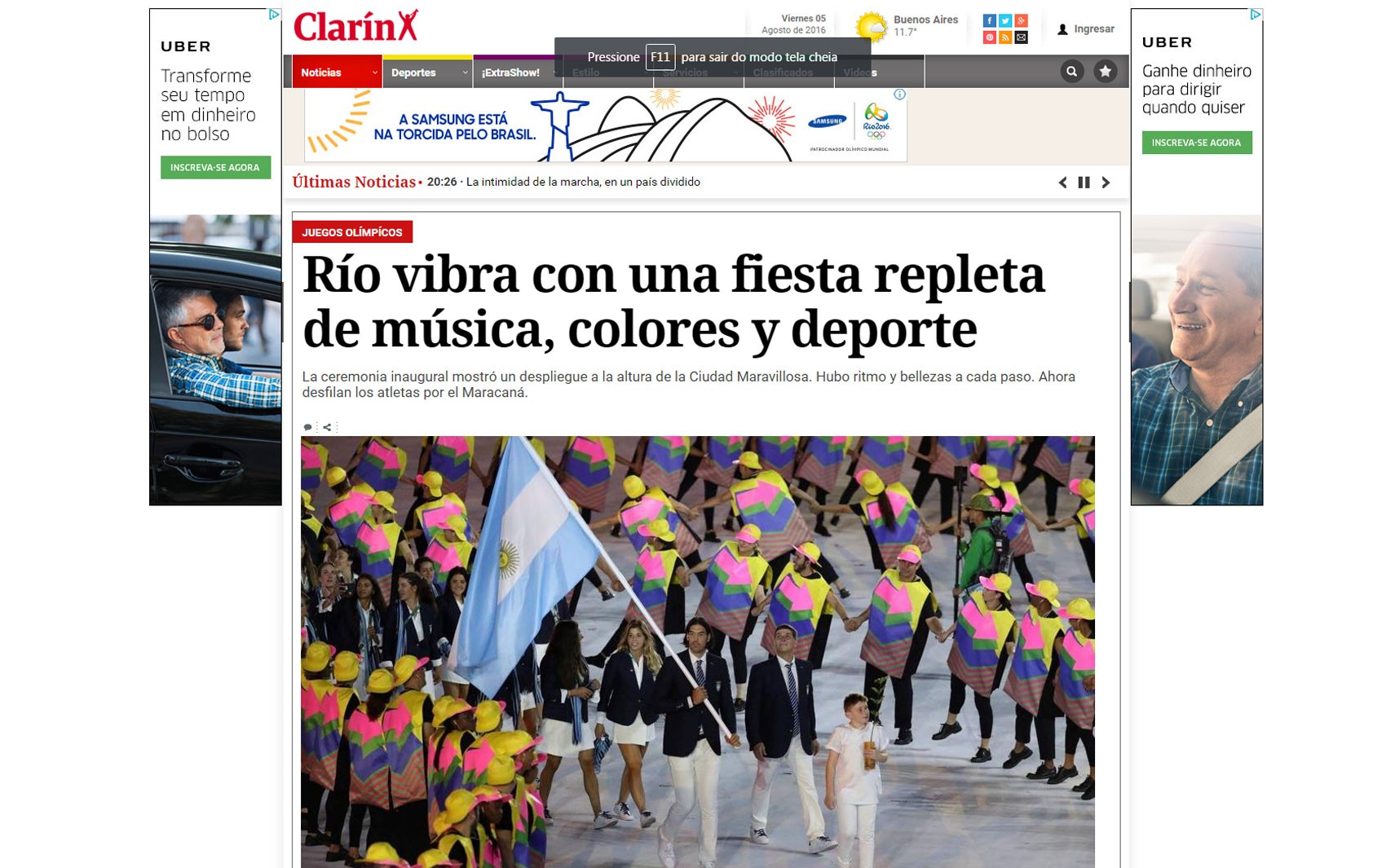 O argentino 'Clarín' elogiou a cerimônia de abertura da Olimpíada do Rio e a cidade anfitriã