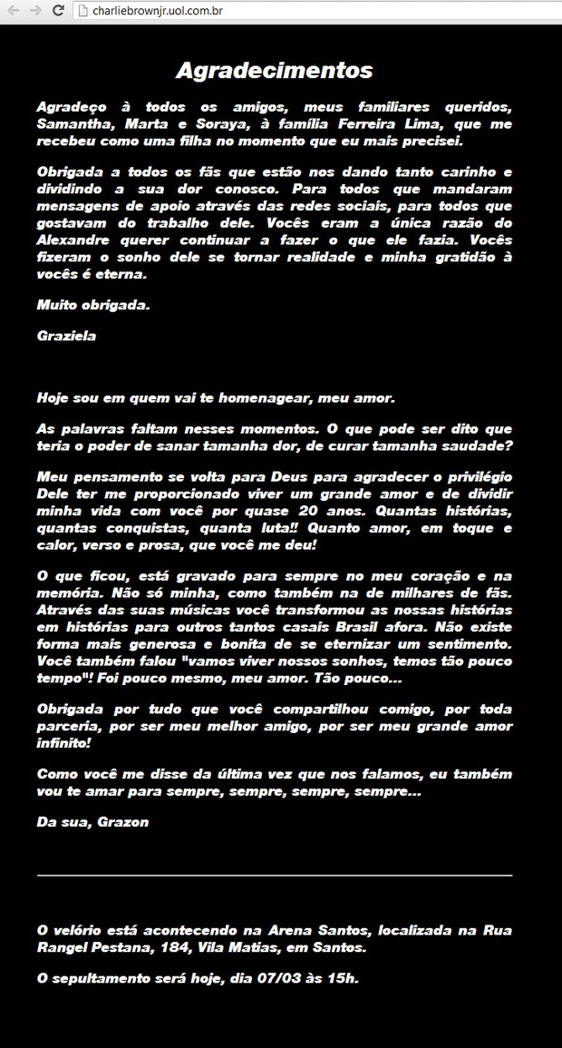 Comunicado Graziela - Chorão (Foto: Reprodução) Comunicado Graziela - Chorão (Foto: Reprodução)