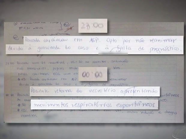 Relatrio escrito  mo pela mdica que atendeu o paciente descreve a morte de Vitalino. (Foto: Reproduo/TVCA)