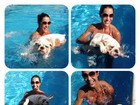 Gracyanne Barbosa curte dia de sol na piscina com seu cachorro