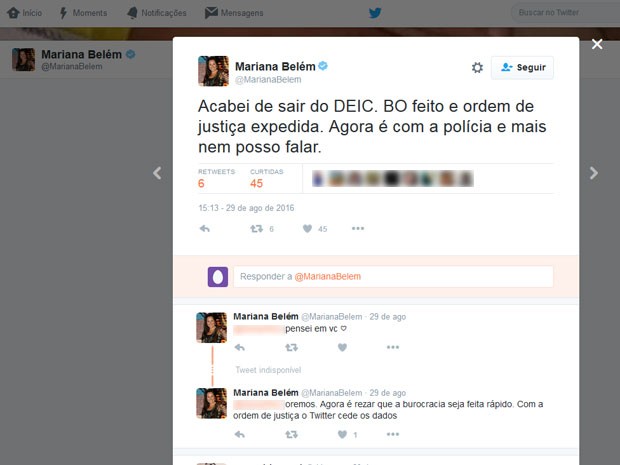 Filha de Fafá de Belém postou que procurou a polícia para prestar queixas contra quem fez as ameaças (Foto: Reprodução / Twitter)