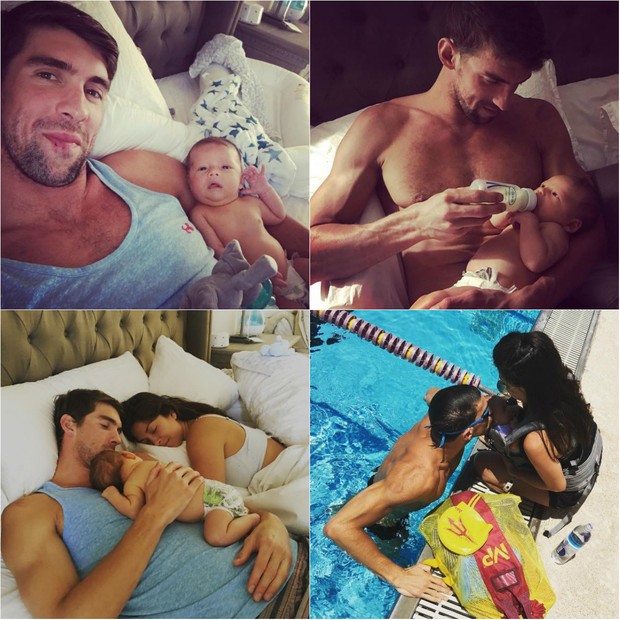 O nadador Michael Phelps cuida do filho Boomer, de dois meses, fruto de seu relacionamento com a modelo Nicole Johnson, ex-Miss Califórnia 2010 (Foto: Reprodução do Instagram)